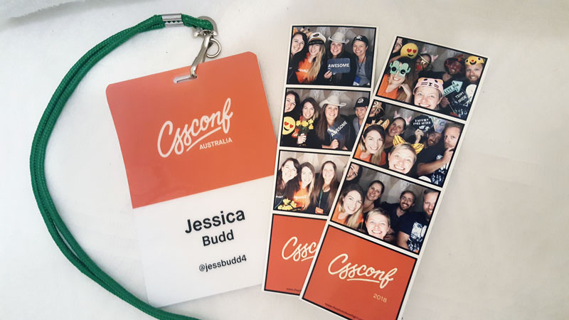 CSSConf name lanyard and 2 photobooth strips