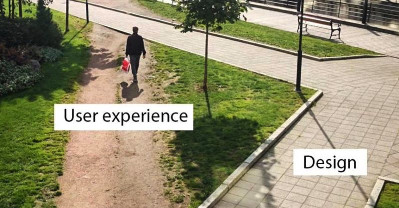 A neatly paved pedestrian path with the word Design superimposed. Next to the path is a well worn sand path through the manicured lawn with the words User Experience superimposed.